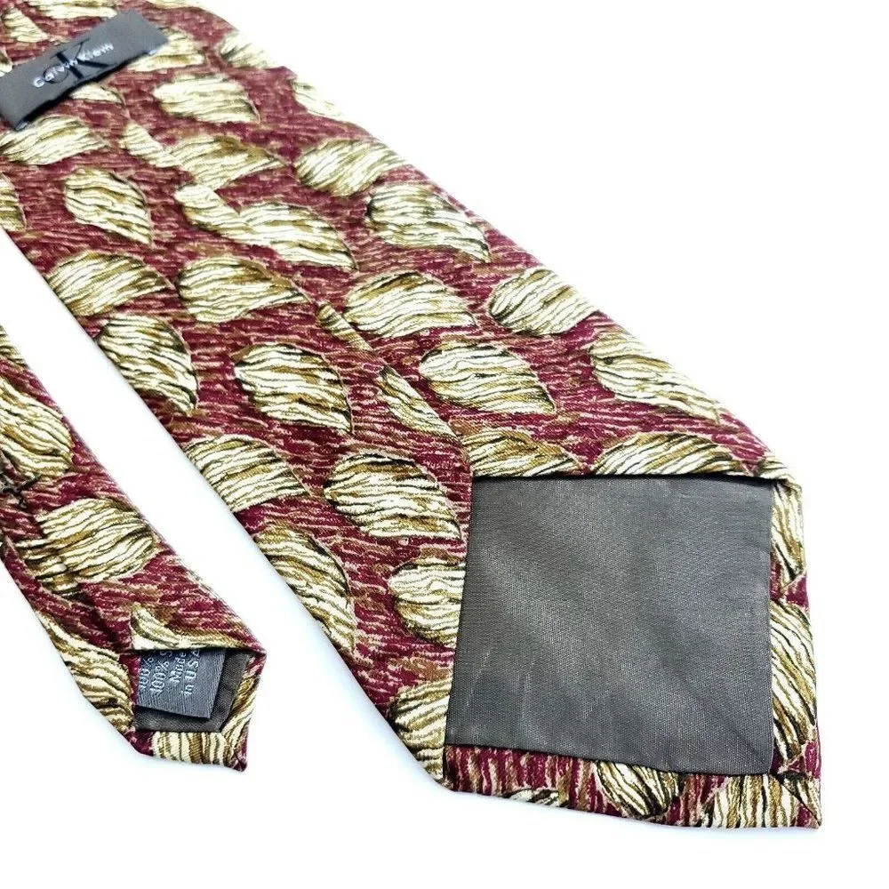 Vintage Calvin Klein Red Tan Floral Print‎ Wide Silk Tie